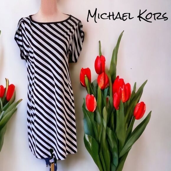 MICHAEL KORS SHORT SLEEVE DRESS BLACK WHITE MEDIUM - Picture 1 of 7